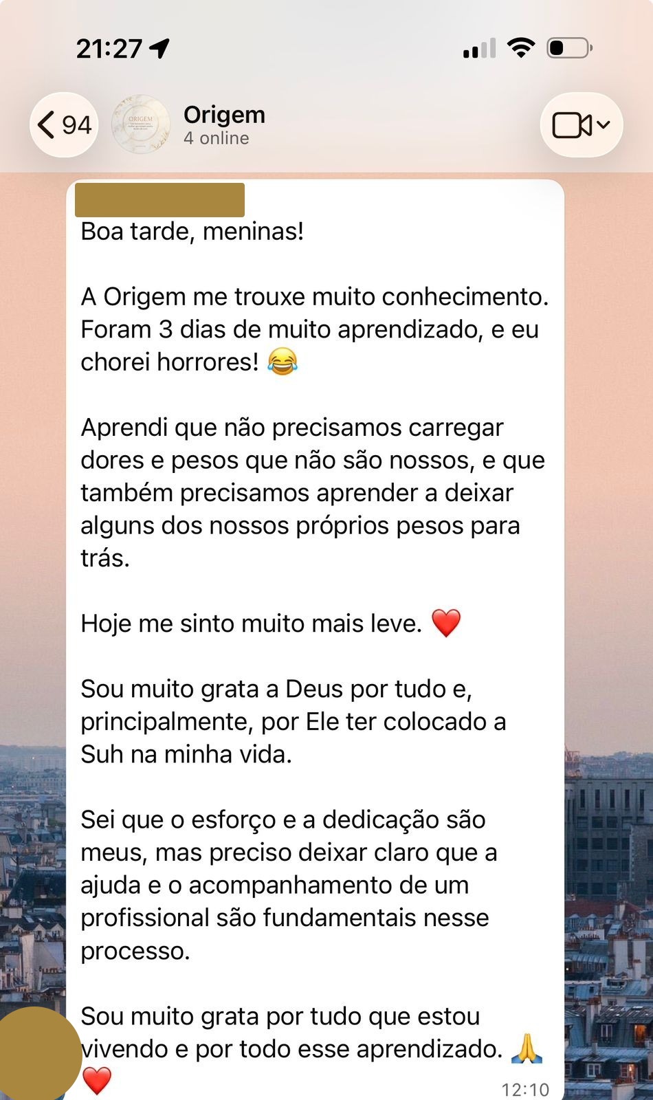 Relato sobre aprendizado, leveza e acompanhamento profissional